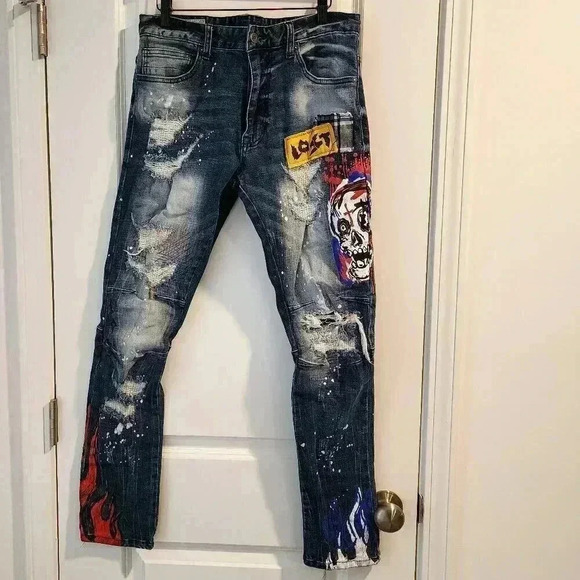 SmokeRise NY Other - Distressed Denim Jeans Skull Graphic Patches Slim Fit Style